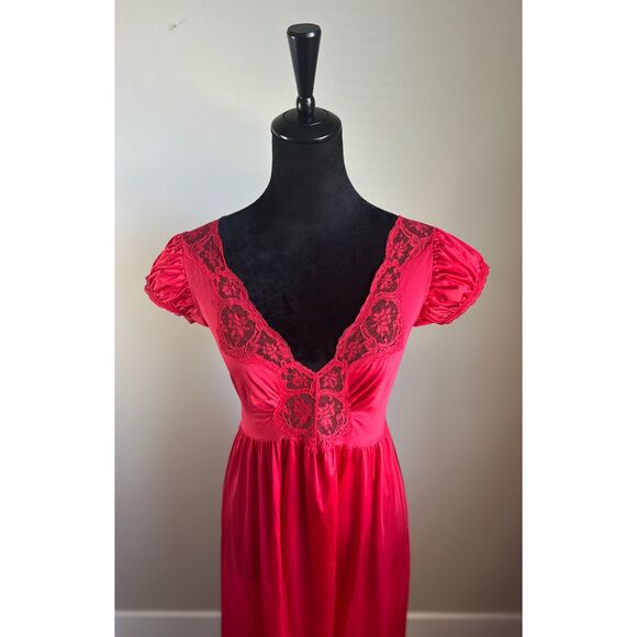 Vintage Olga Women's Cut Red Empire Waist Puff Cap Sleeve Long Nightgown Size M - Picture 3 of 8